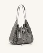 Rowan Ruched Drawstring Chain Bucket Bag - Grey Croc