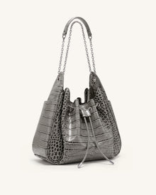 Rowan Ruched Drawstring Chain Bucket Bag - Grey Croc