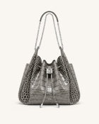 Rowan Ruched Drawstring Chain Bucket Bag - Grey Croc