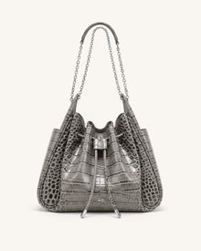 Rowan Ruched Drawstring Chain Bucket Bag - Grey Croc