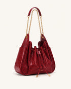 Rowan Ruched Drawstring Chain Bucket Bag - Dark Red Croc