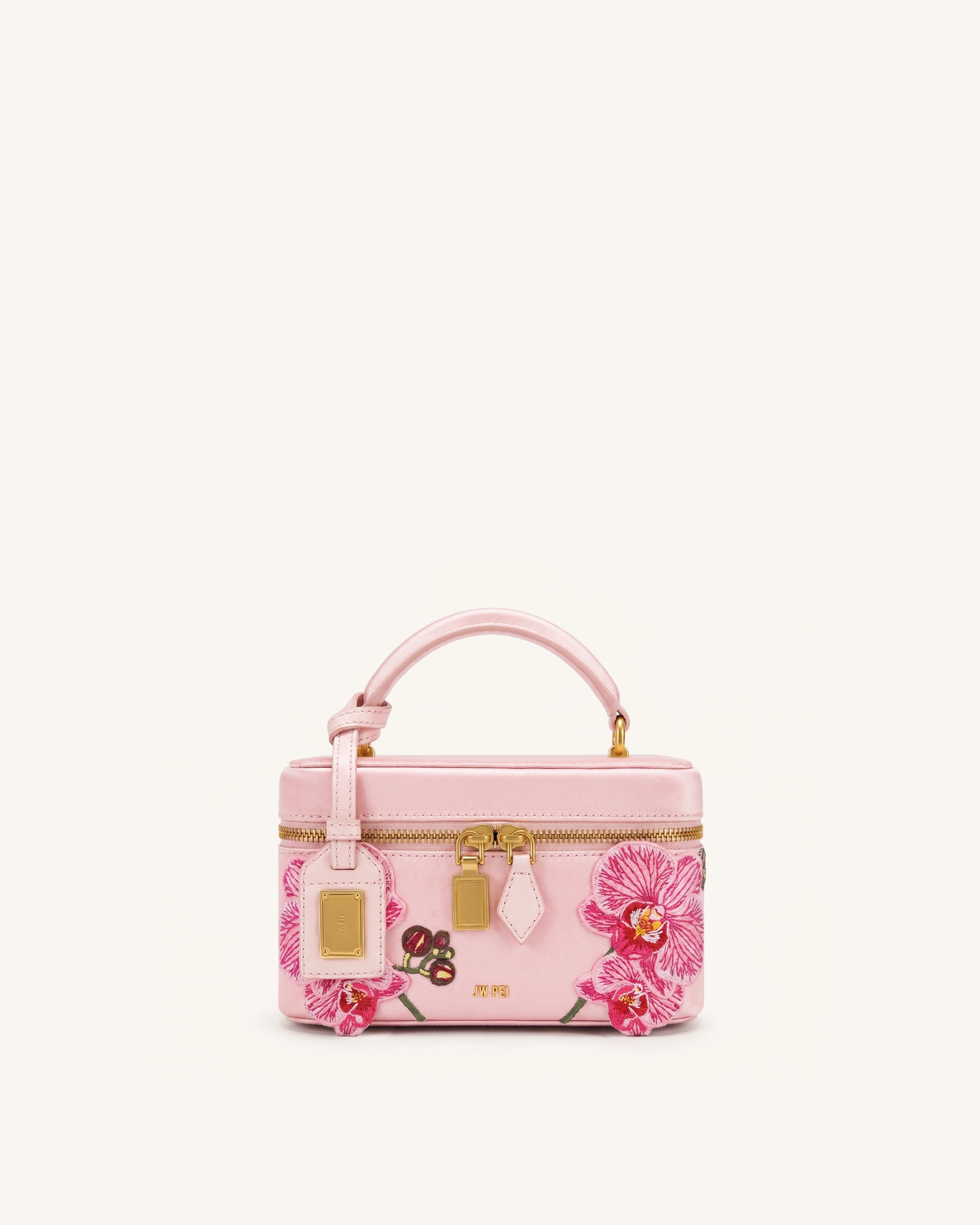 Cleo Embroidered Box Shape Top Handle Bag - Sakura Pink