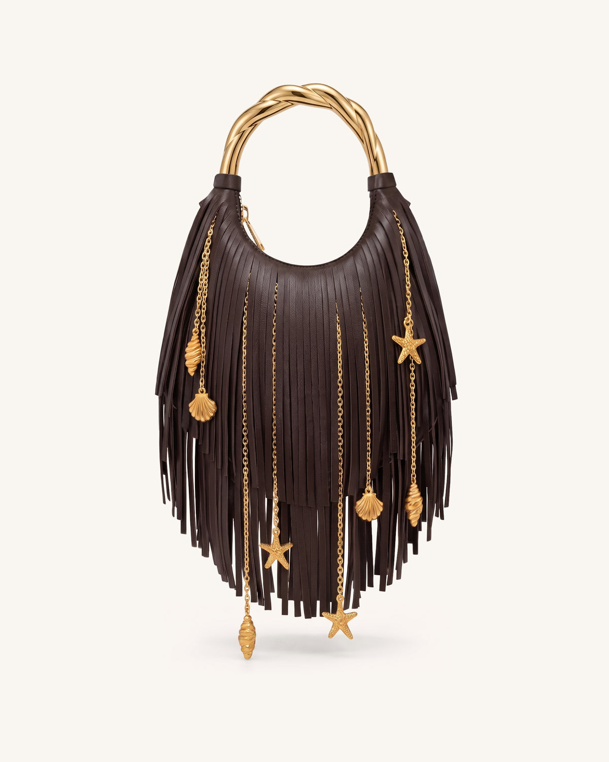 Chloe Metal Handle Fringe Top Handbag - Dark Brown