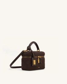 Cleo Faux Suede Box Shape Top Handle Bag - Dark Chocolate Brown