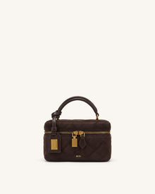 Cleo Faux Suede Box Shape Top Handle Bag - Dark Chocolate Brown