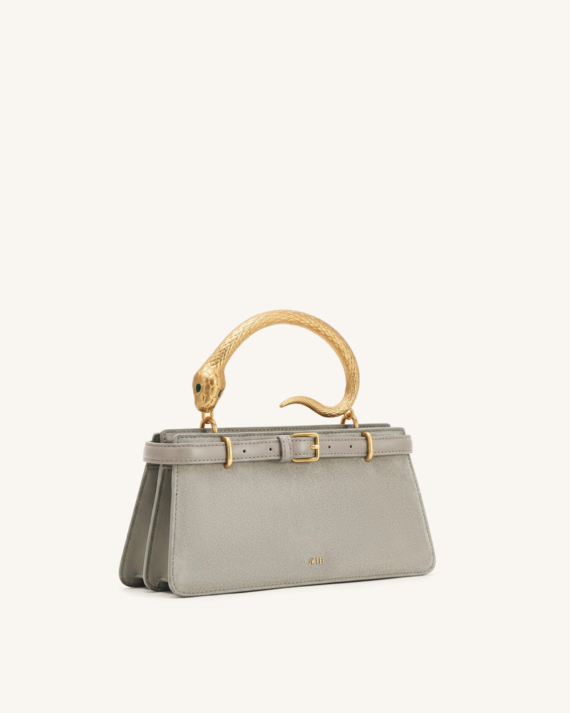 Elena Snake Handle Faux Suede Top Handle Bag - Taupe