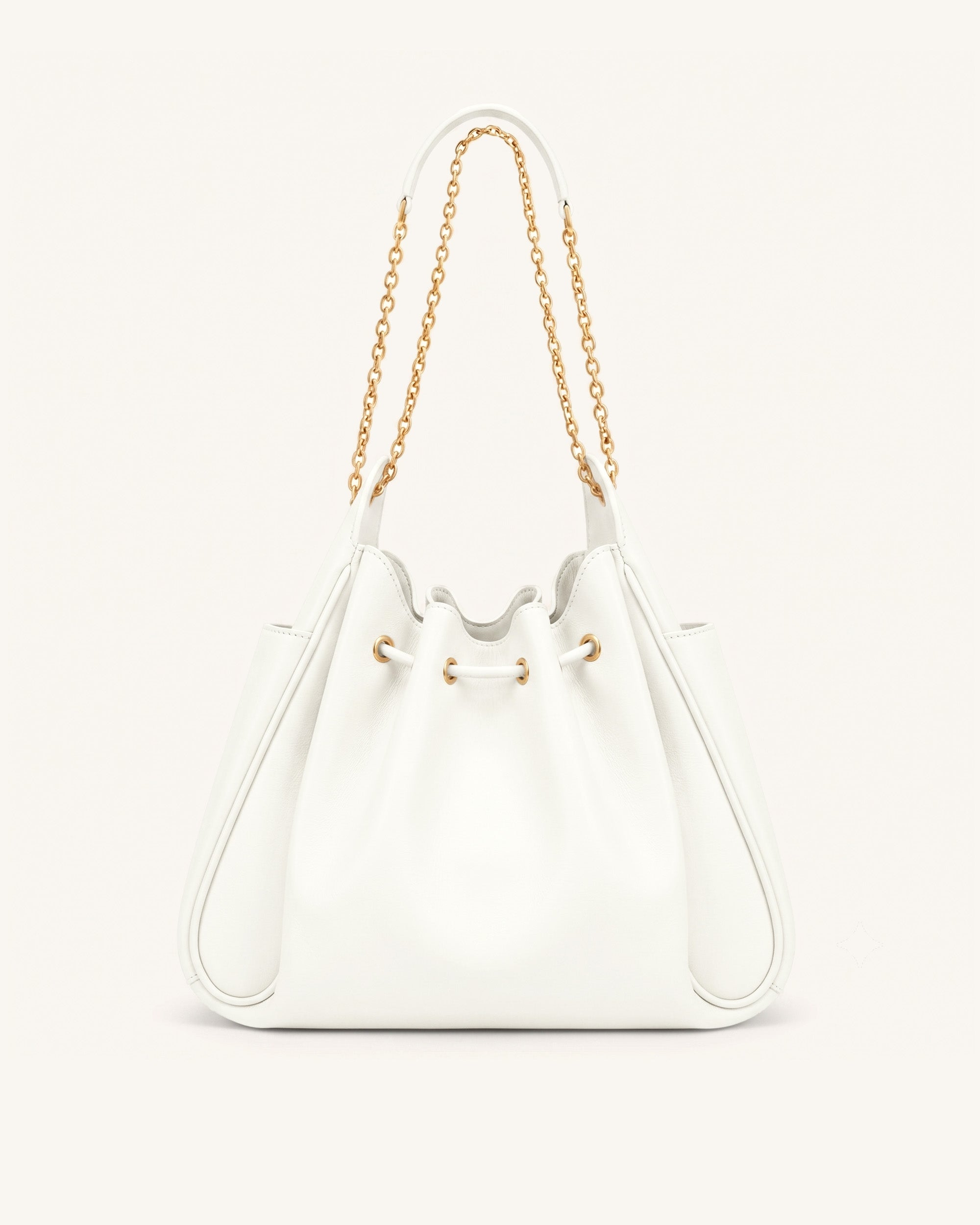 Rowan Ruched Drawstring Chain Bucket Bag - Ivory