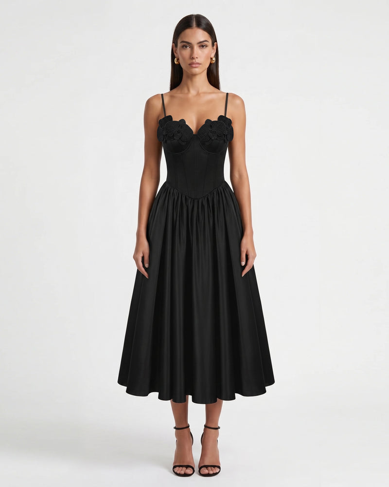 Orchid Embroidered Appliqué Corset Maxi Dress - Black