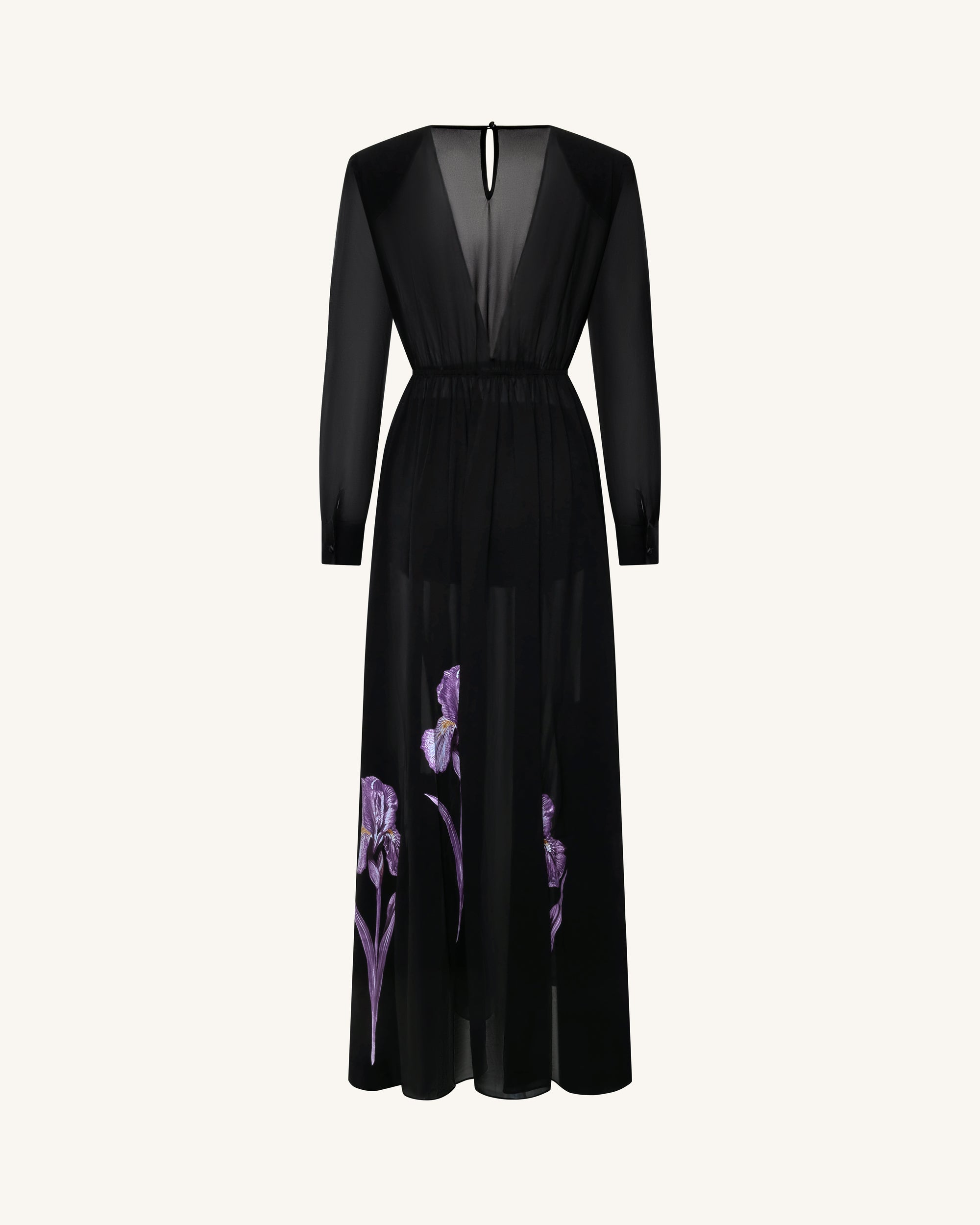 Iris Floral Print Long-Sleeve Sheer Gown - Black/Purple