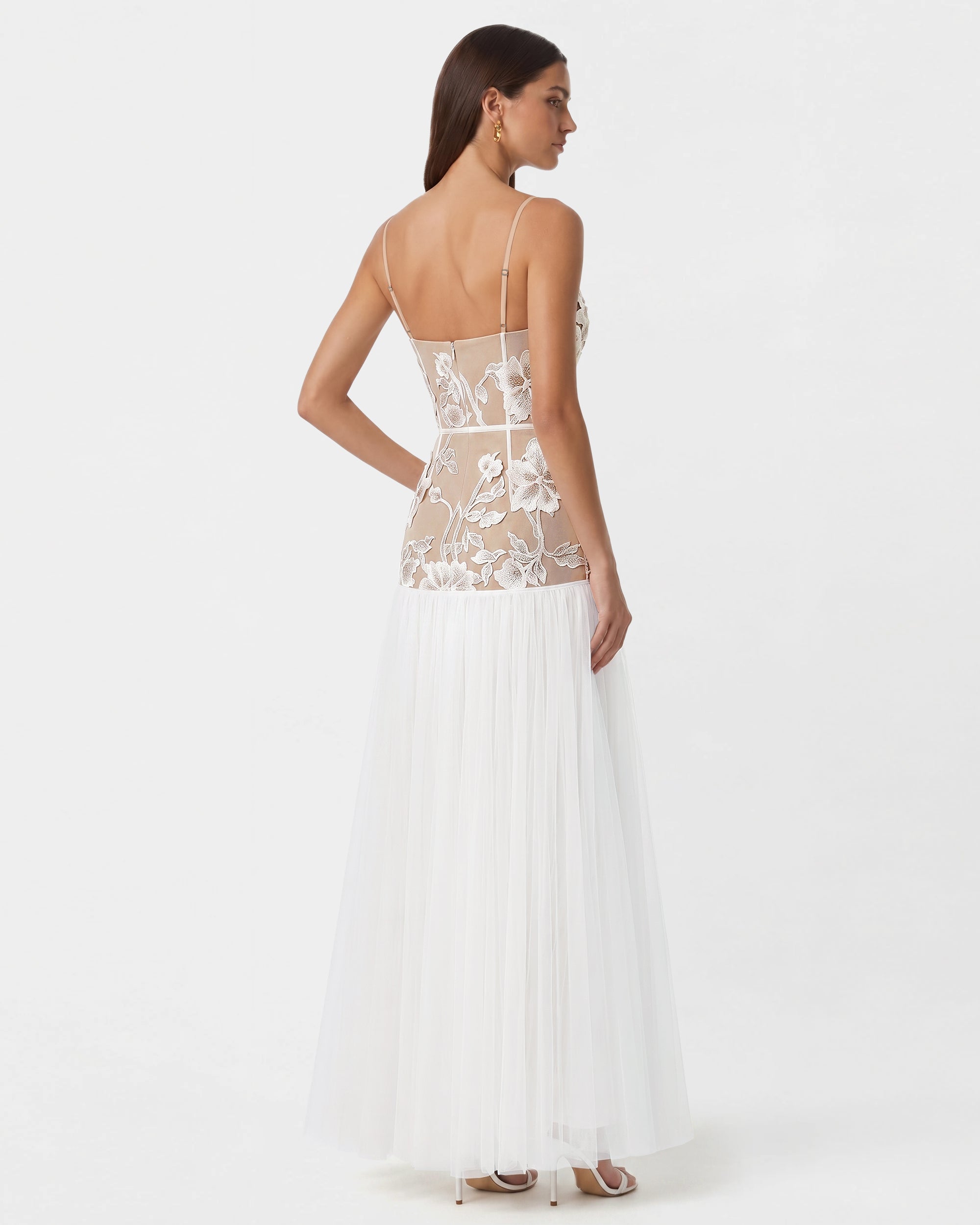 Floral Appliqué Sheer Tulle Maxi Dress - White