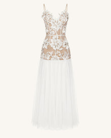 Floral Appliqué Sheer Tulle Maxi Dress - White