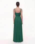 Iris Embroidered Pleated V-Neck Maxi Dress - Emerald Green