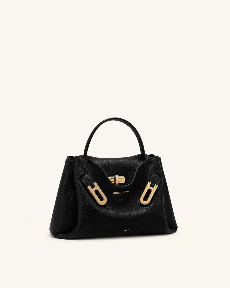Rhea Small Pebbled Double Buckle Shoulder Bag - Black