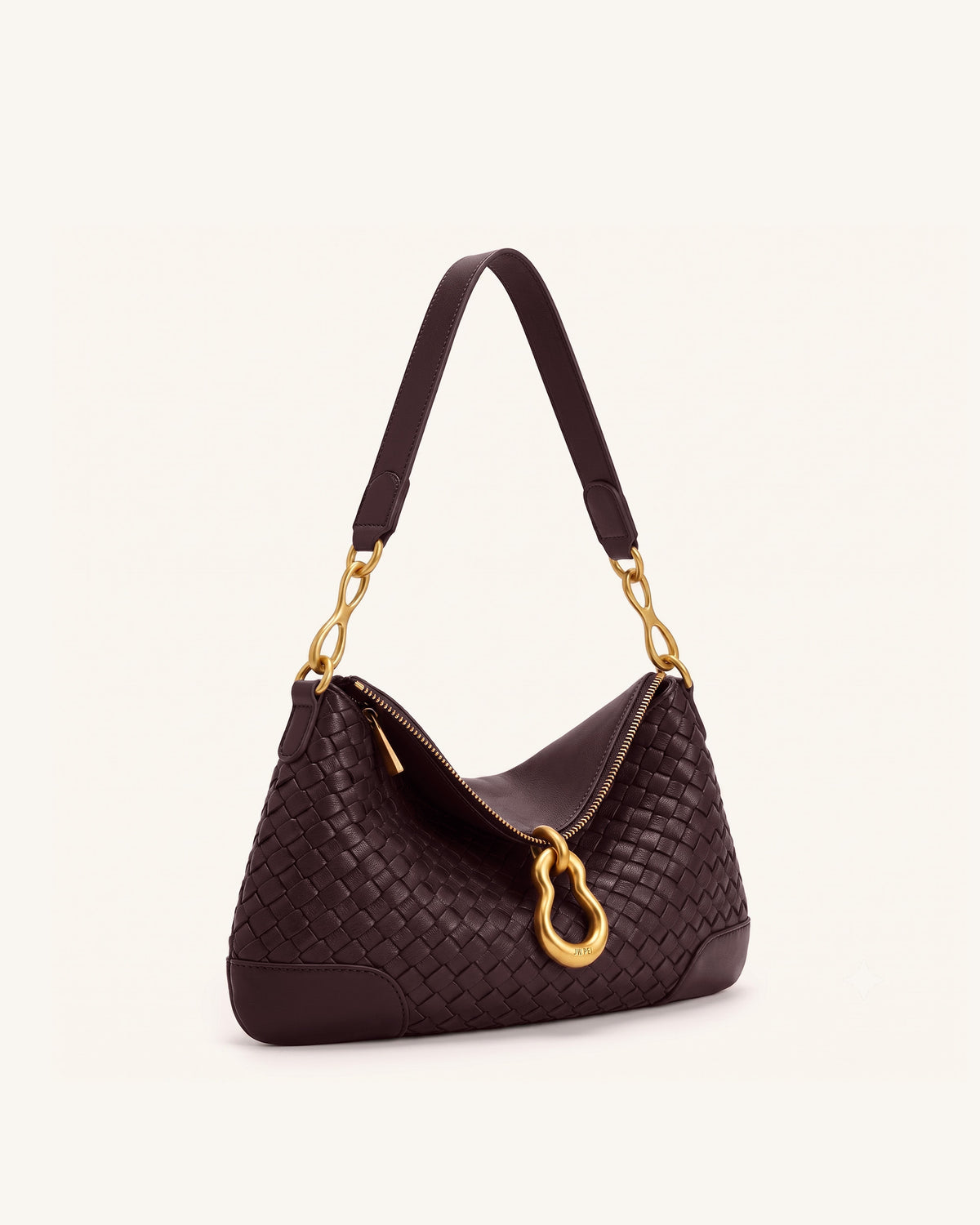 Jayla Metal Pendant Embellished Woven Shoulder Bag - Deep Burgundy