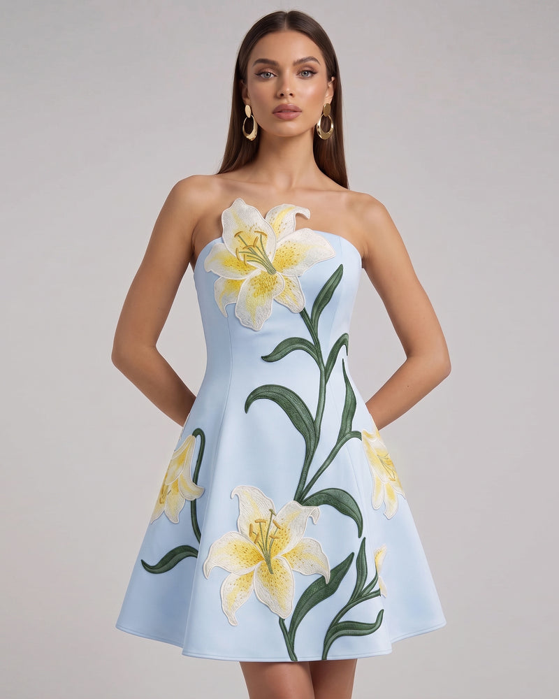Lily Floral Print Strapless A-Line Mini Dress - Light Blue