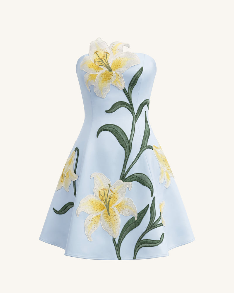 Lily Floral Print Strapless A-Line Mini Dress - Light Blue