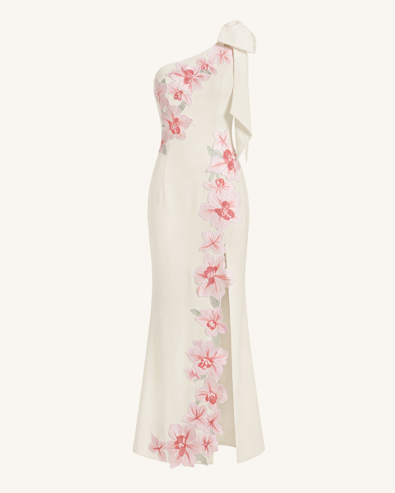 Flower Embroidered One-Shoulder Maxi Dress - Ivory
