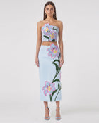 Lily Floral Embroidered High Waist Pencil Midi Skirt - Light Blue