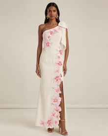 Flower Embroidered One-Shoulder Maxi Dress - Ivory