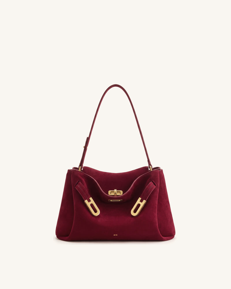 Rhea Faux Suede Double Buckle Shoulder Bag - Cinnabar Red