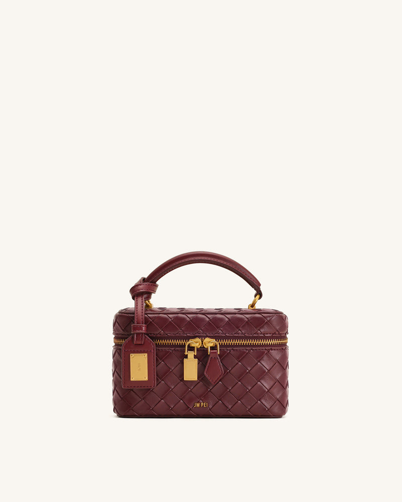 Cleo Woven Texture Box Shape Top Handle Bag - Claret