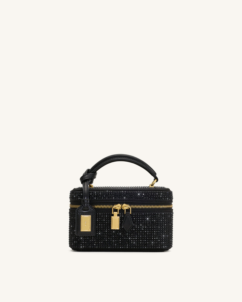 Cleo Artificial Crystal Box Shape Top Handle Bag - Black
