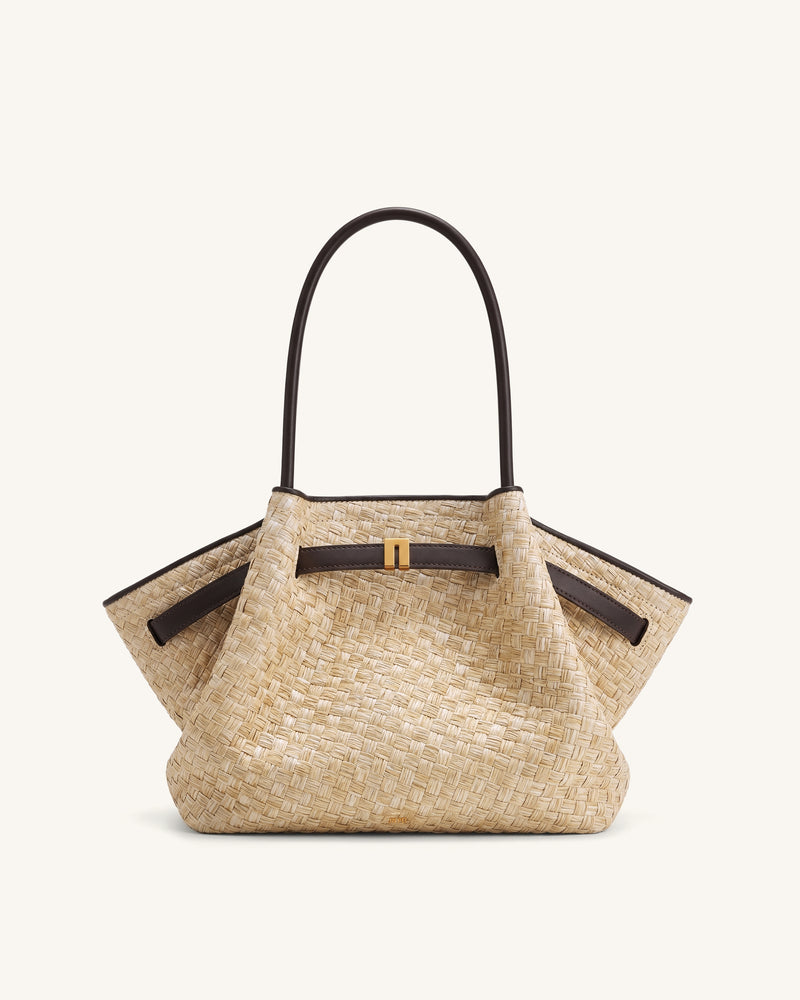 Hana Medium Faux Straw Tote Bag - Brown