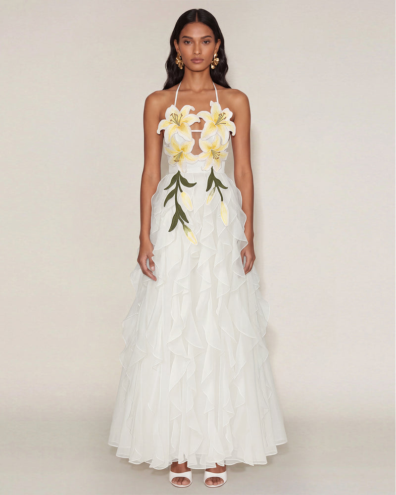 Lily-Embroidered Embroidered Halter Tiered Maxi Dress - White