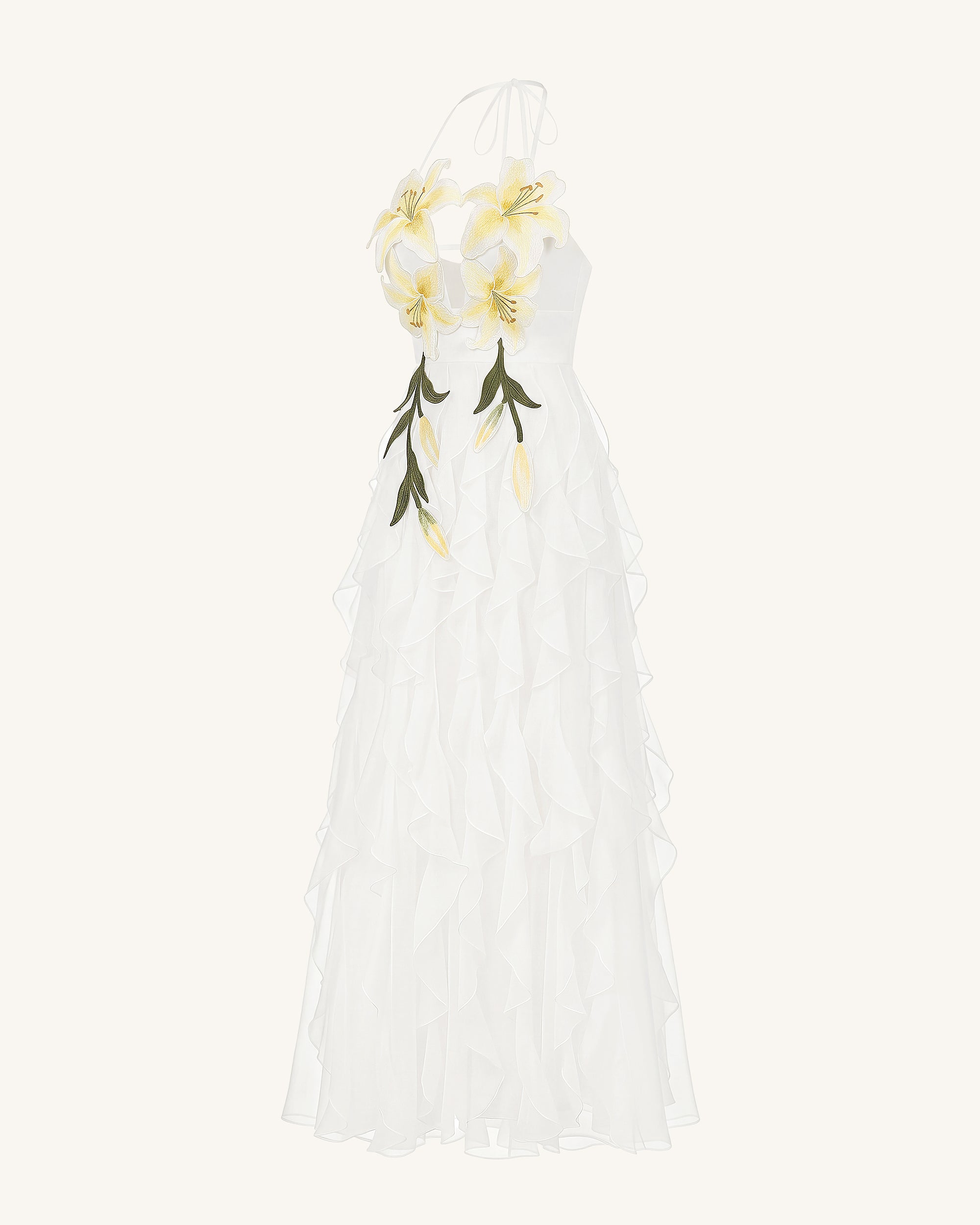 Lily-Embroidered Embroidered Halter Tiered Maxi Dress - White