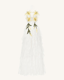 Lily-Embroidered Embroidered Halter Tiered Maxi Dress - White