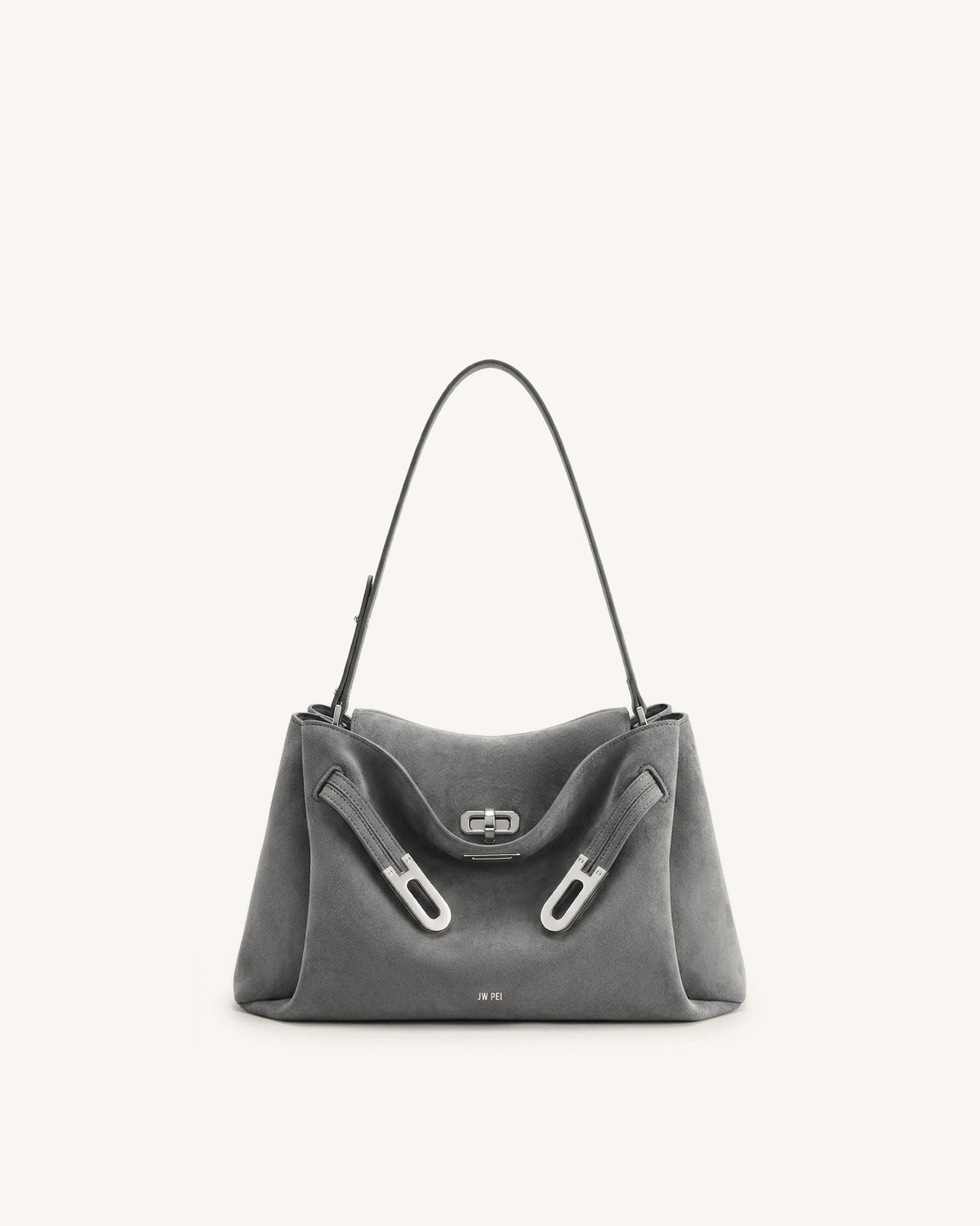 Rhea Faux Suede Double Buckle Shoulder Bag - Grey