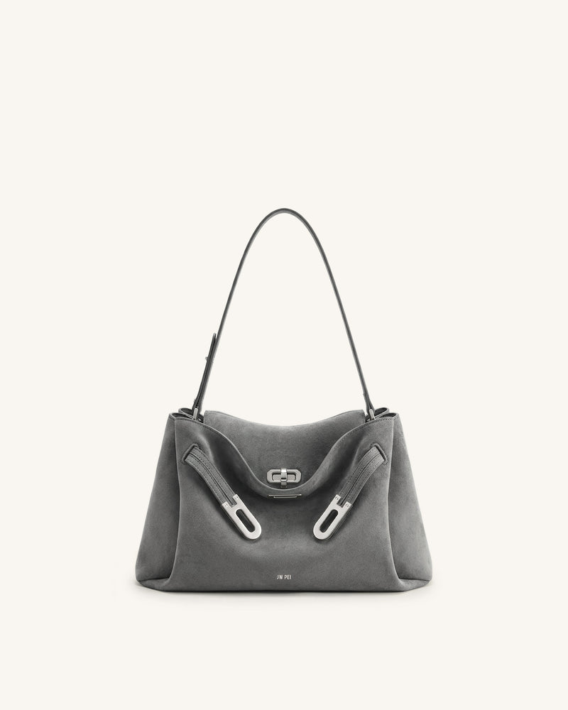 Rhea Faux Suede Double Buckle Shoulder Bag - Grey