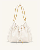 Rowan Faux Ostrich Grain Ruched Drawstring Chain Bucket Bag - Cream White