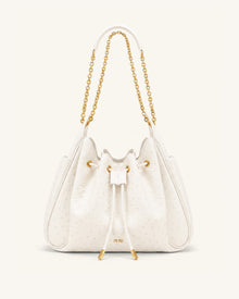 Rowan Faux Ostrich Grain Ruched Drawstring Chain Bucket Bag - Cream White