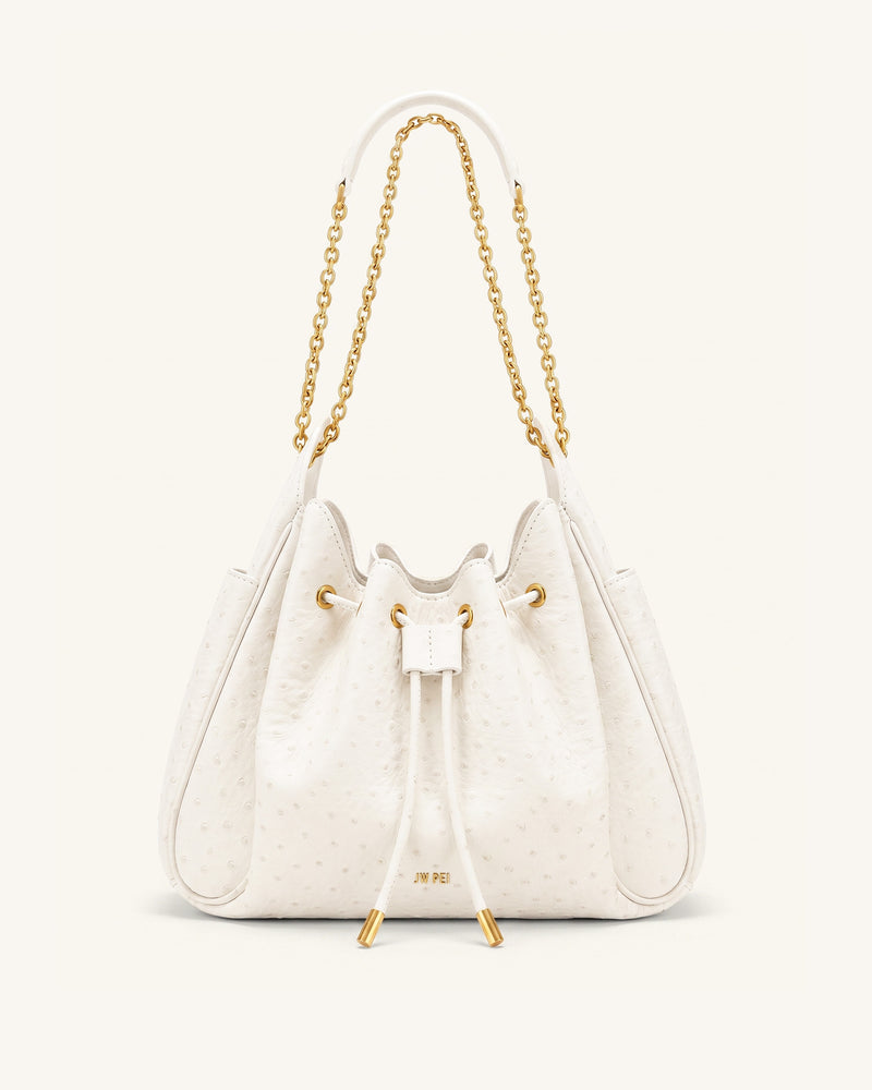 Rowan Faux Ostrich Grain Ruched Drawstring Chain Bucket Bag - Cream White