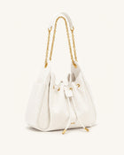 Rowan Faux Ostrich Grain Ruched Drawstring Chain Bucket Bag - Cream White