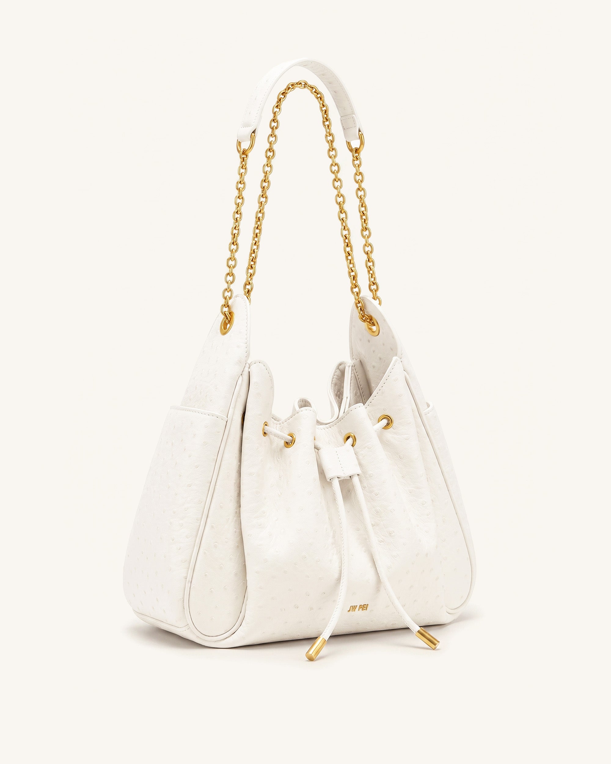 Rowan Faux Ostrich Grain Ruched Drawstring Chain Bucket Bag - Cream White
