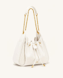 Rowan Faux Ostrich Grain Ruched Drawstring Chain Bucket Bag - Cream White