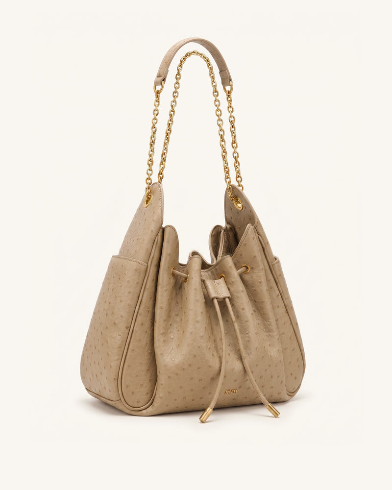 Rowan Faux Ostrich Grain Ruched Drawstring Chain Bucket Bag - Oak Brown
