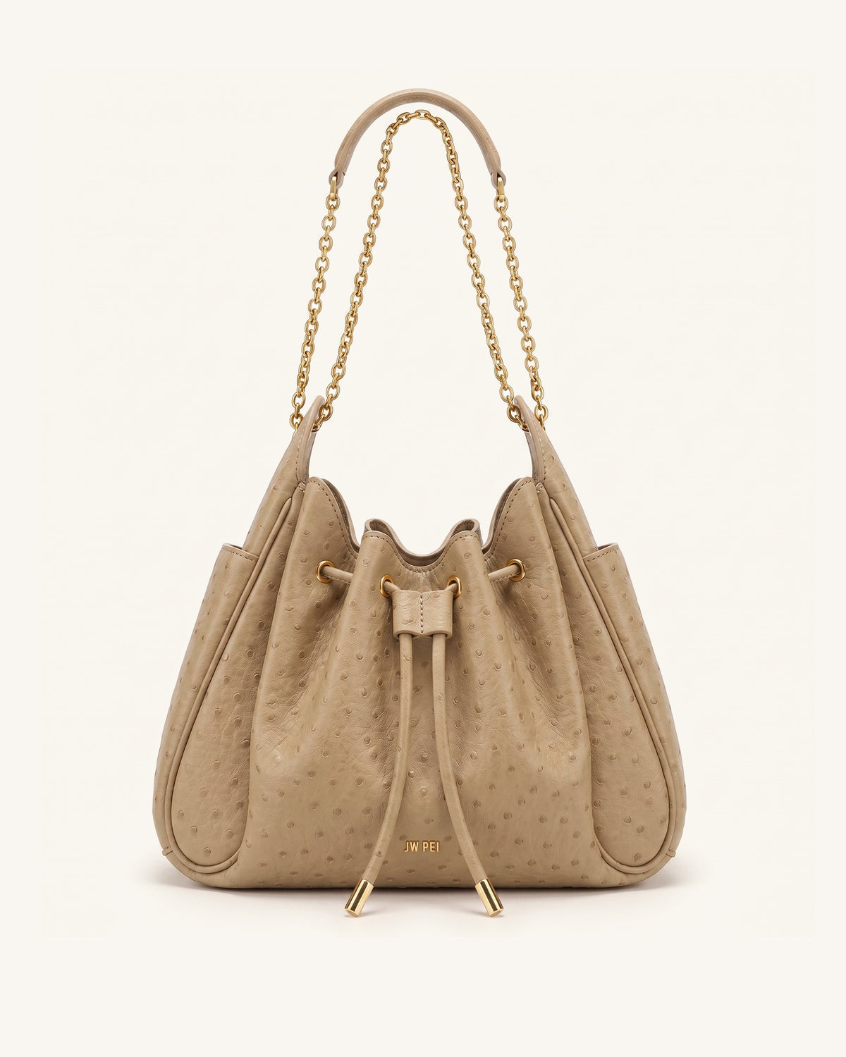 Rowan Faux Ostrich Grain Ruched Drawstring Chain Bucket Bag - Oak Brown