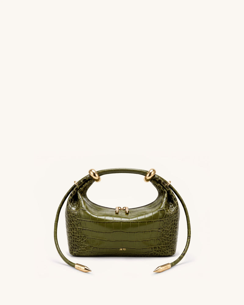 Ellie Metal Ring Embellished Top Handle Bag - Olive Green Croc