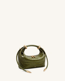 Ellie Metal Ring Embellished Top Handle Bag - Olive Green Croc