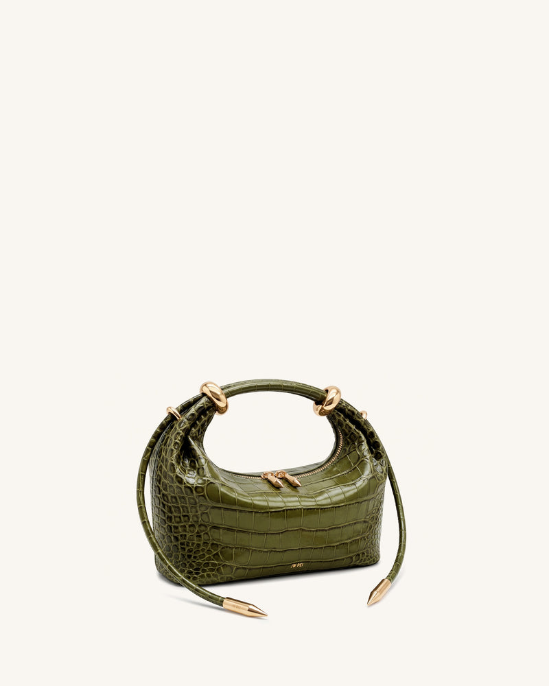 Ellie Metal Ring Embellished Top Handle Bag - Olive Green Croc