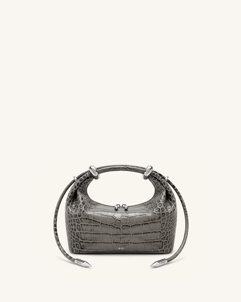 Ellie Metal Ring Embellished Top Handle Bag - Medium Gray Croc