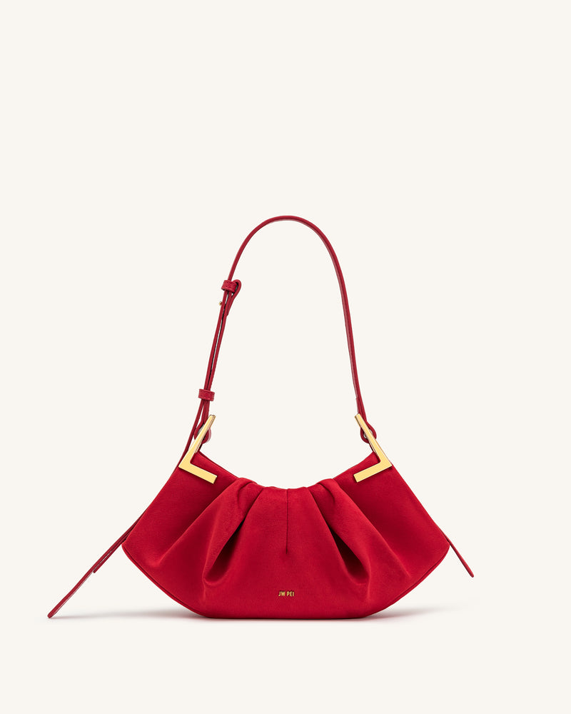 Amelia Faux Suede Pleated Shoulder Bag - Red