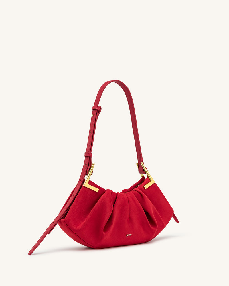 Amelia Faux Suede Pleated Shoulder Bag - Red