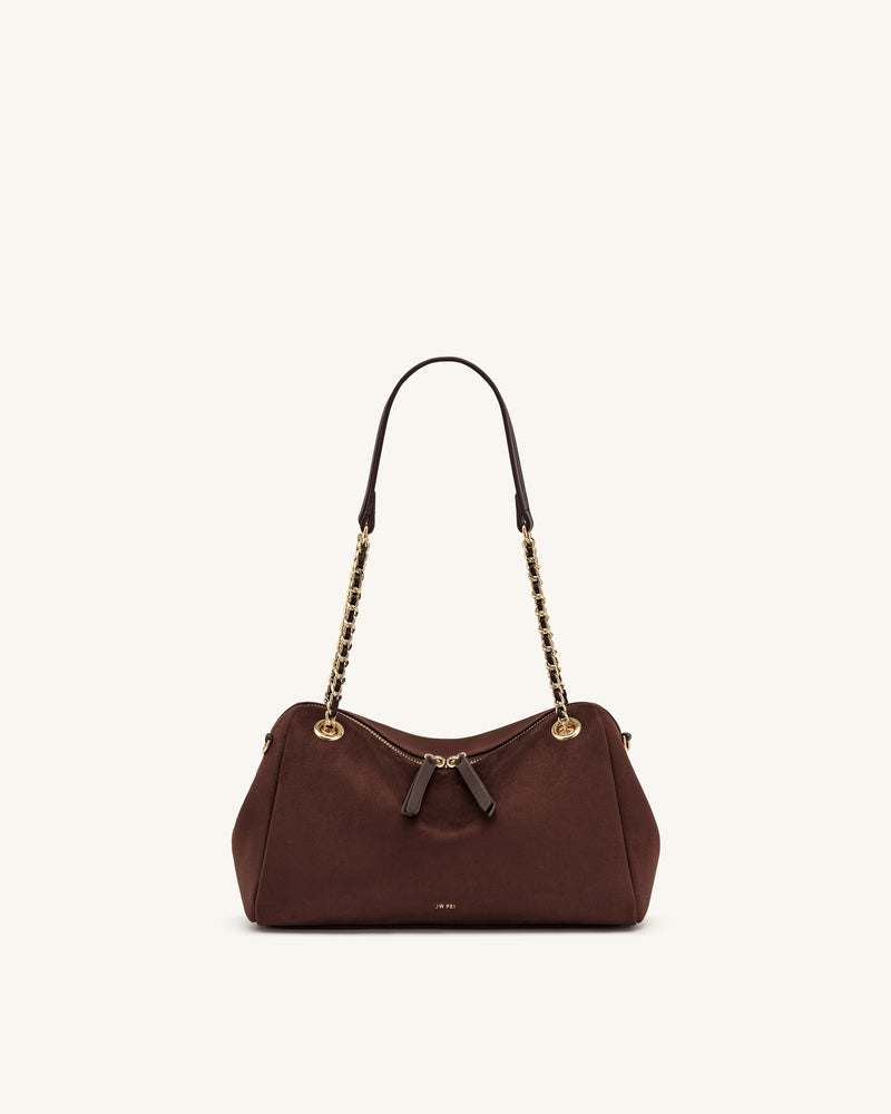 Mireya Faux Suede Chain Shoulder Bag - Dark Brown