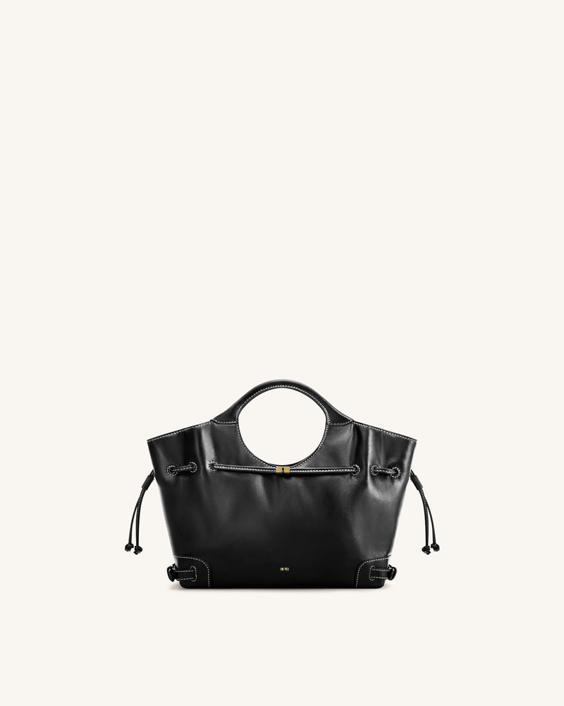 Virelle Waxed Vegan Leather Drawstring Tote Bag - Black