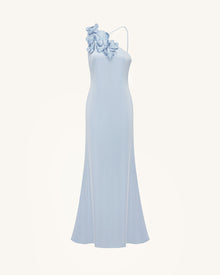 Floral Appliqué One Shoulder Maxi Dress - Light Blue