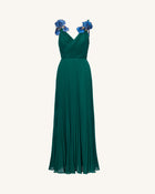 Iris Embroidered Pleated V-Neck Maxi Dress - Emerald Green